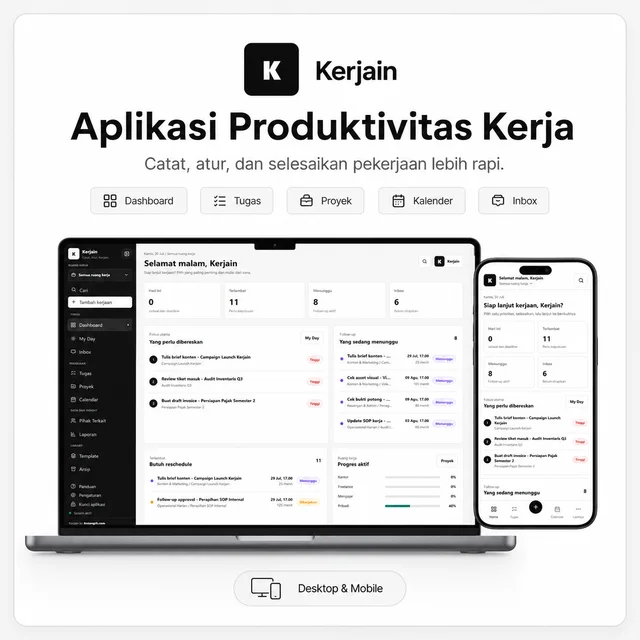 Tampilan aplikasi produktivitas Kerjain di desktop dan ponsel