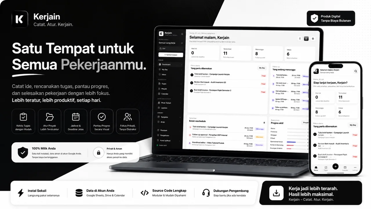 Tampilan aplikasi produktivitas Kerjain di desktop dan ponsel